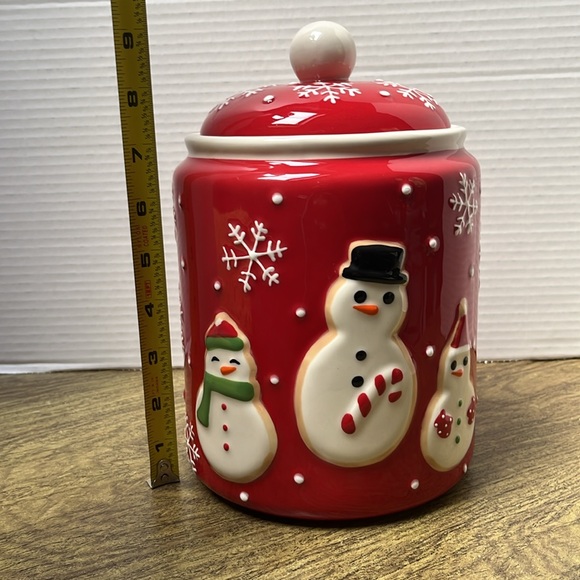 Hallmark Snowman Holiday Snowflake Red Ceramic Christmas Cookie Jar - Picture 12 of 13